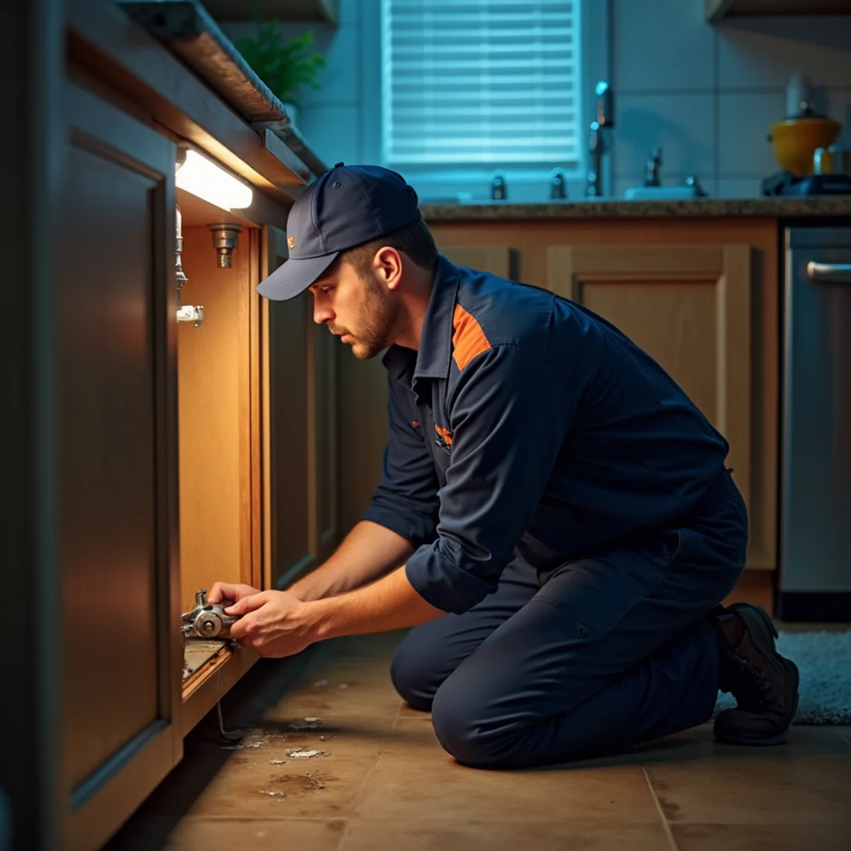 Emergency plumber responding to a burst pipe in a National City home at night