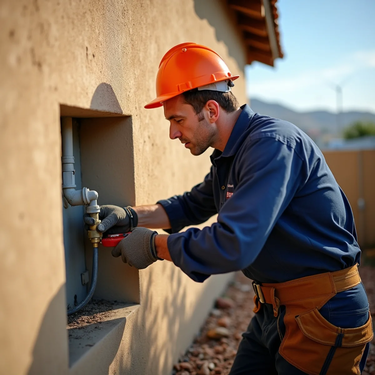 Plumber replacing a wind-corroded exterior gas flex connector on a Beaumont Pass-corridor home