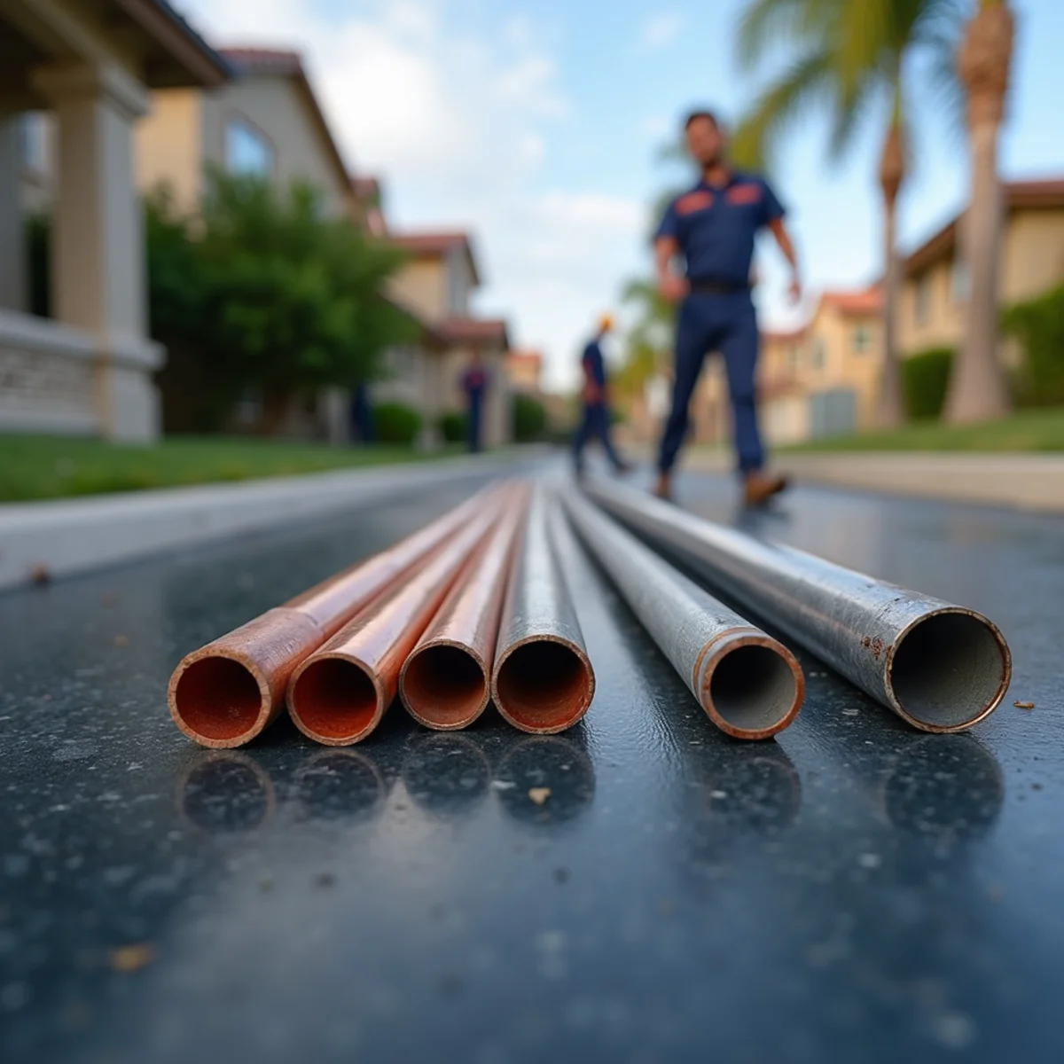 Comparison of galvanized, copper, and PEX supply pipe samples on a plumber tool tarp