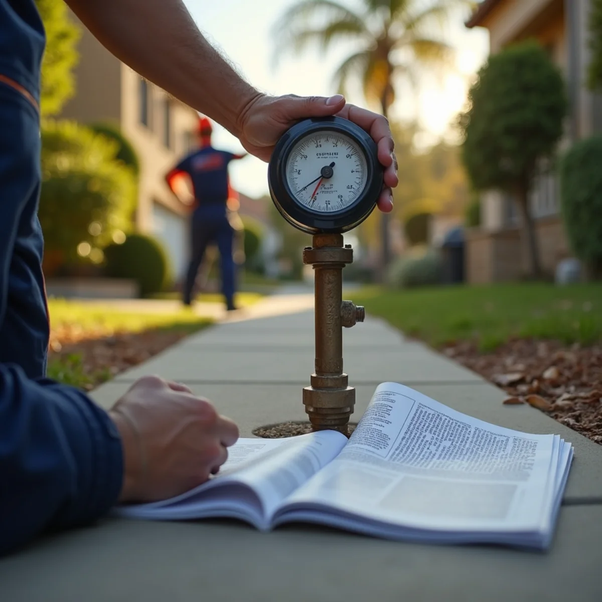 Reading a water meter dial during a leak test on an older National City property