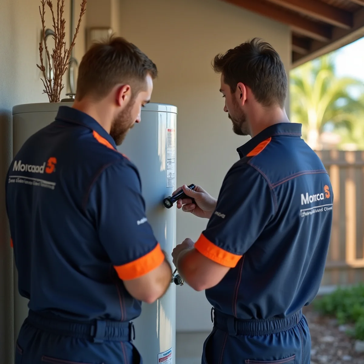 Inspector checking the serial number label on a residential garage water heater