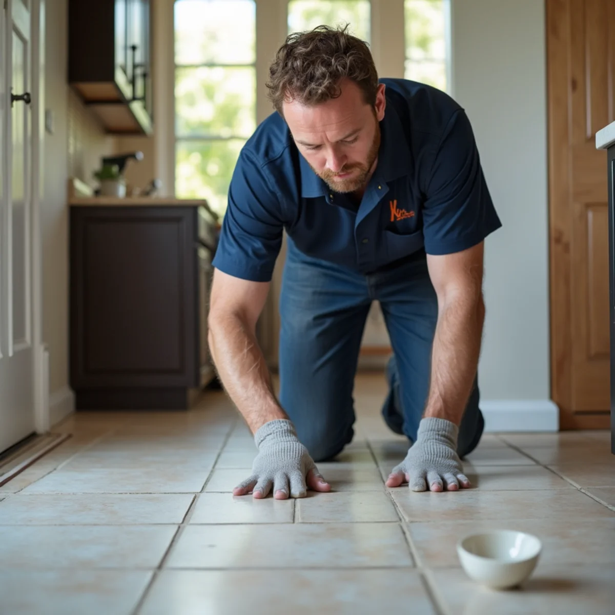 Home inspector walking a tile floor in socks feeling for warm slab-leak patches