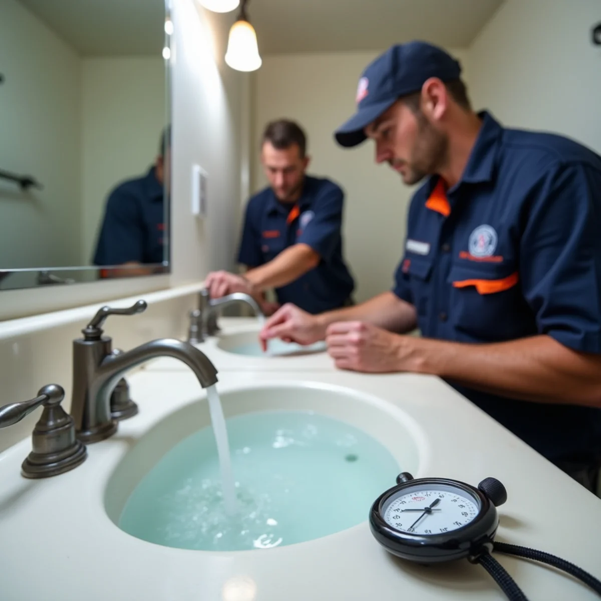 Bathroom sink filled with water being timed for drain flow rate