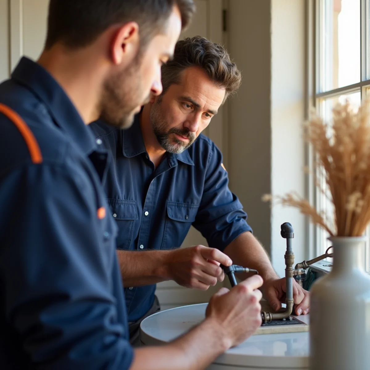 Inspector examining exposed black iron gas piping at a water heater