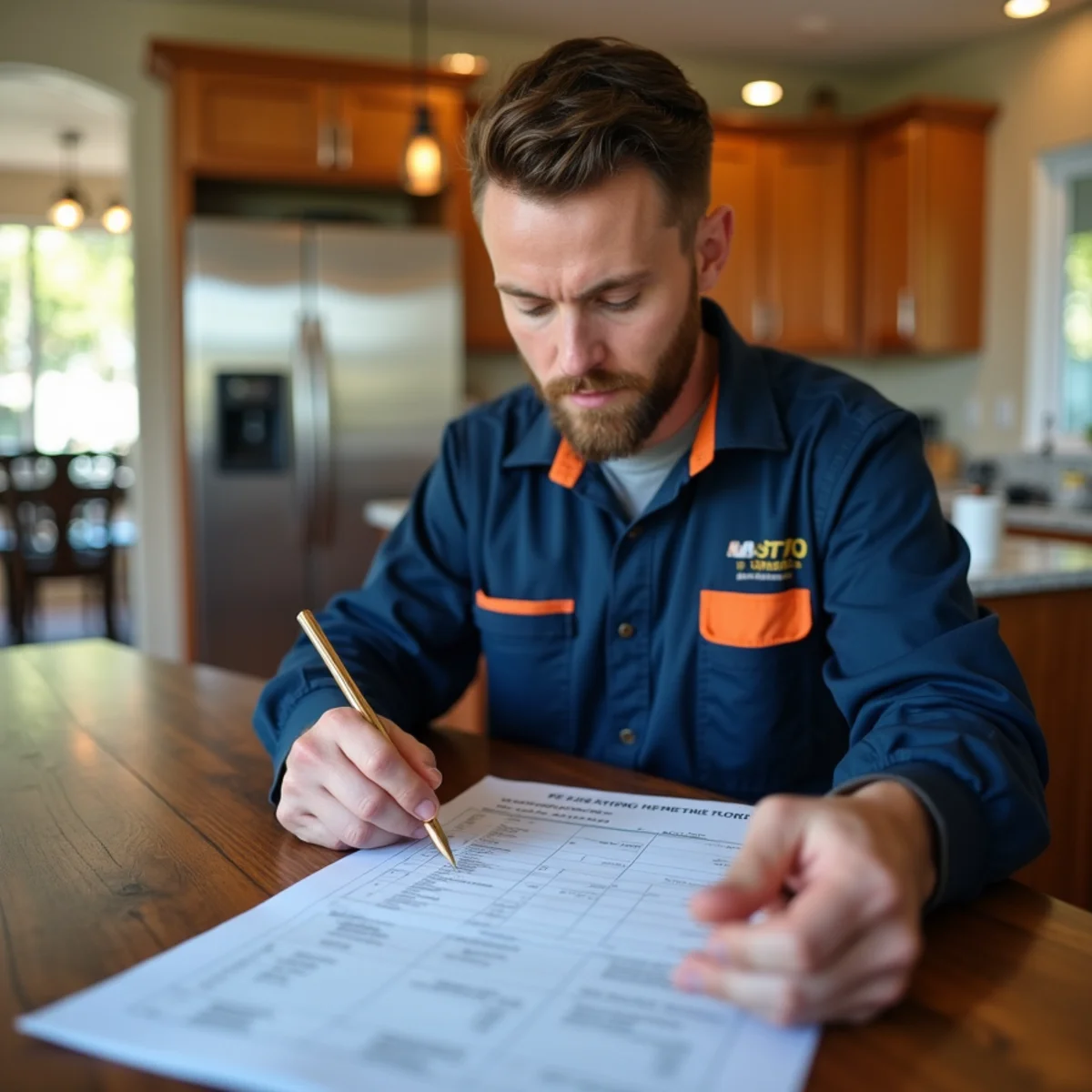 Homeowner reviewing plumbing permit and maintenance records at a kitchen table