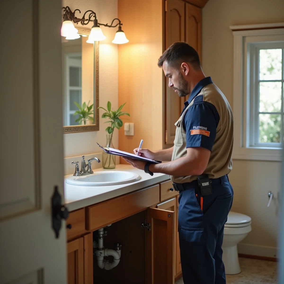 Home inspector reviewing plumbing in an older San Diego home