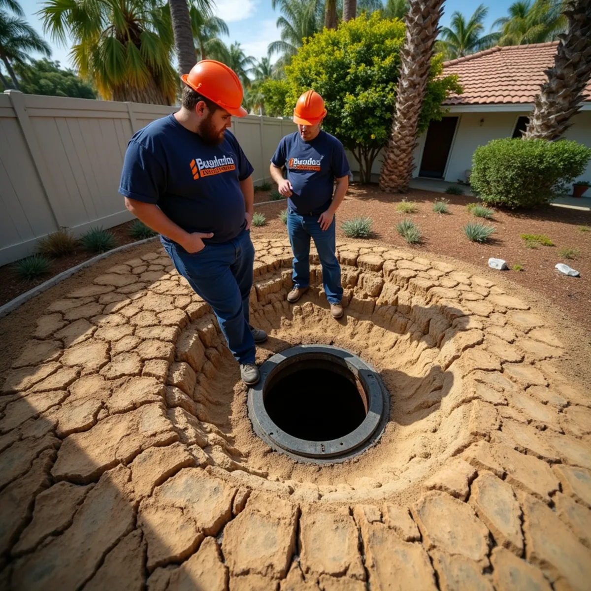 Cracked clay soil around a sewer cleanout on a National City property