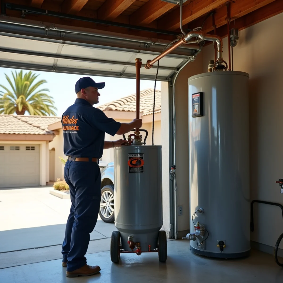 Plumber at a Hemet 1970s single-story tract home water heater
