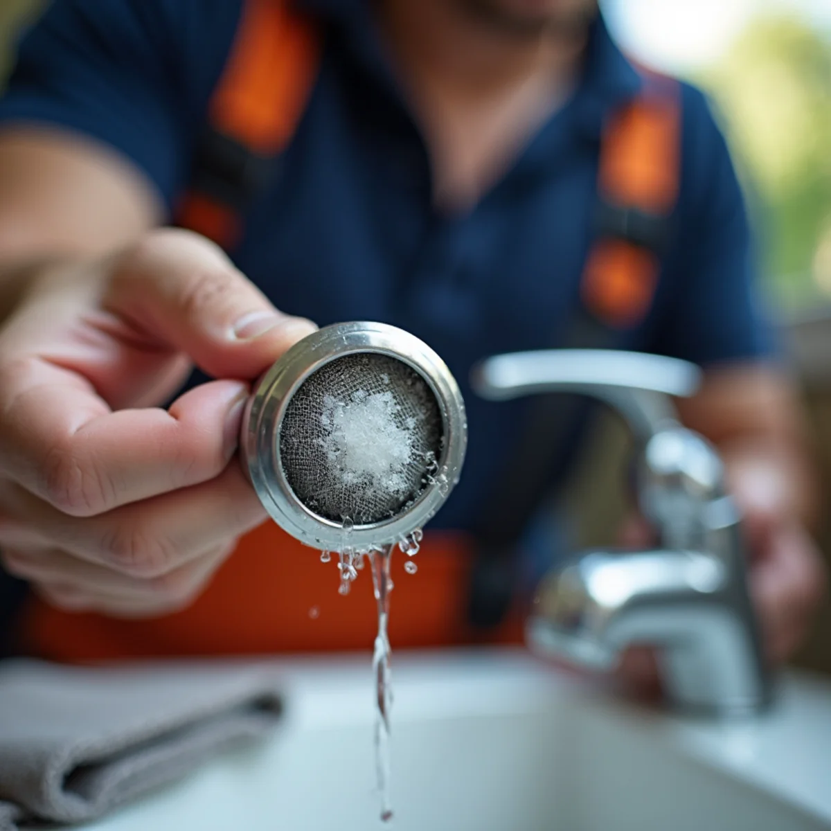 Faucet aerator removed showing calcium scale buildup on the mesh screen