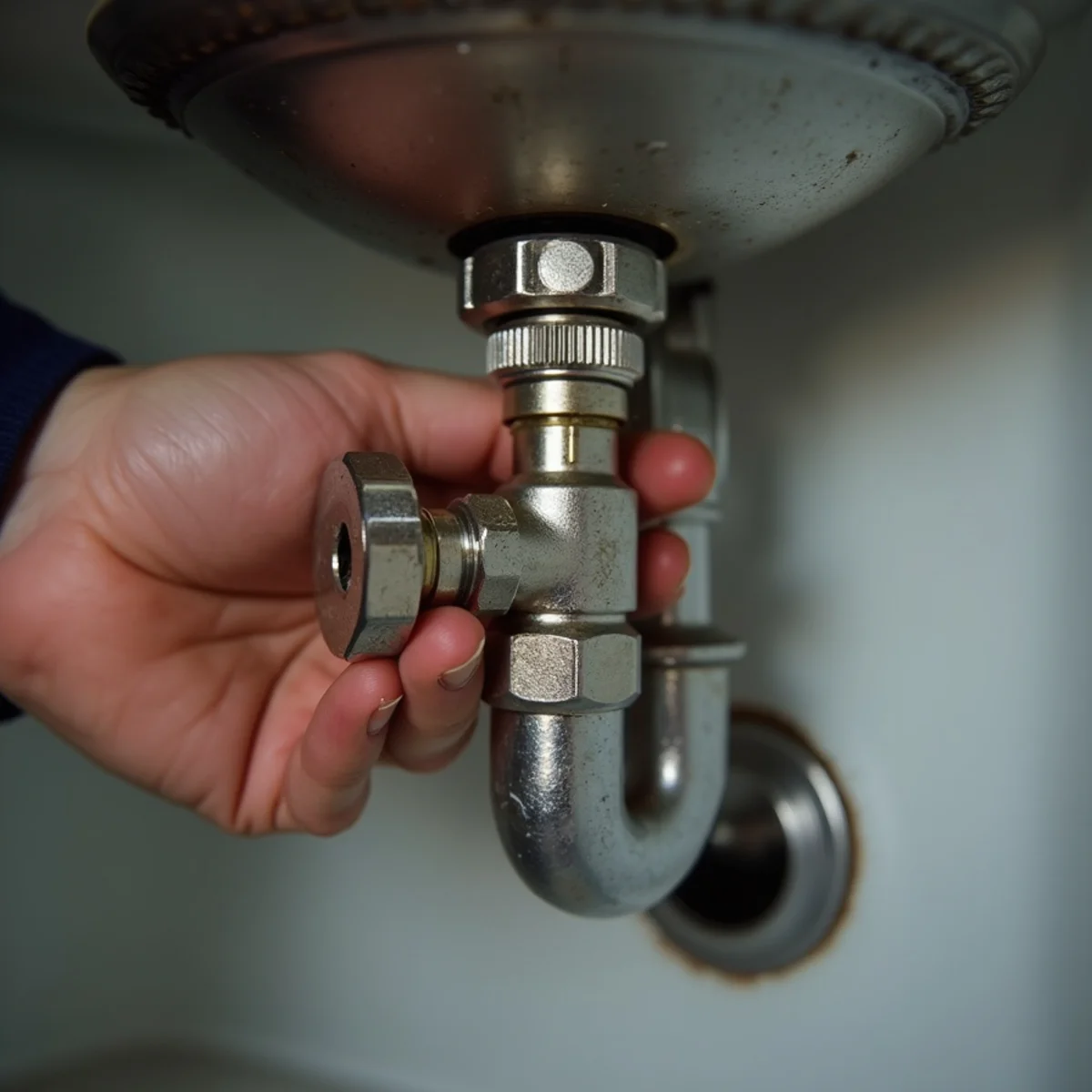 Partially closed water shutoff valve under a residential sink