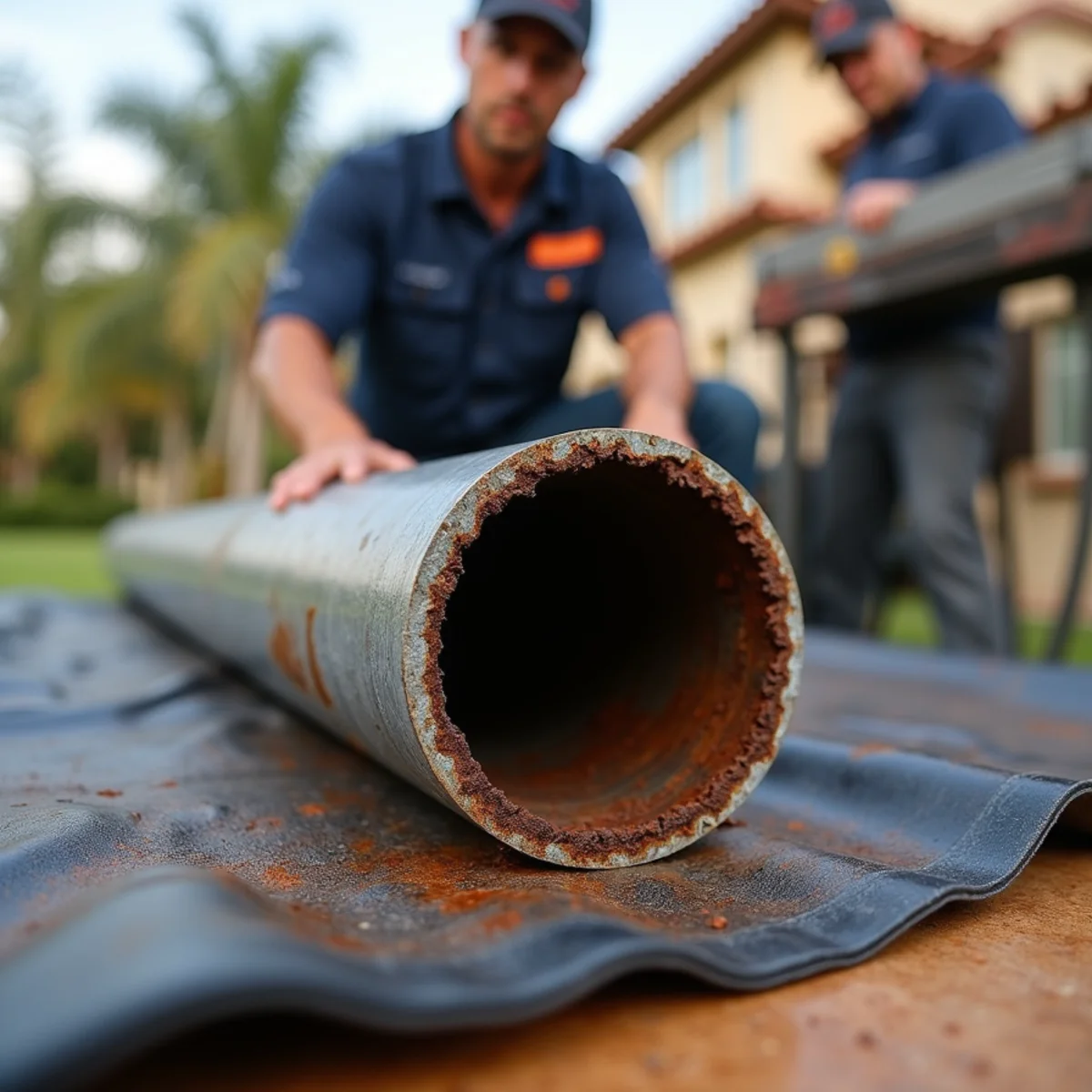 Cross-section of corroded galvanized steel pipe showing heavy interior rust and scale