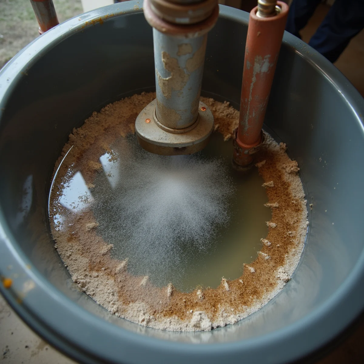 Drained water heater showing thick sediment layer at the tank bottom