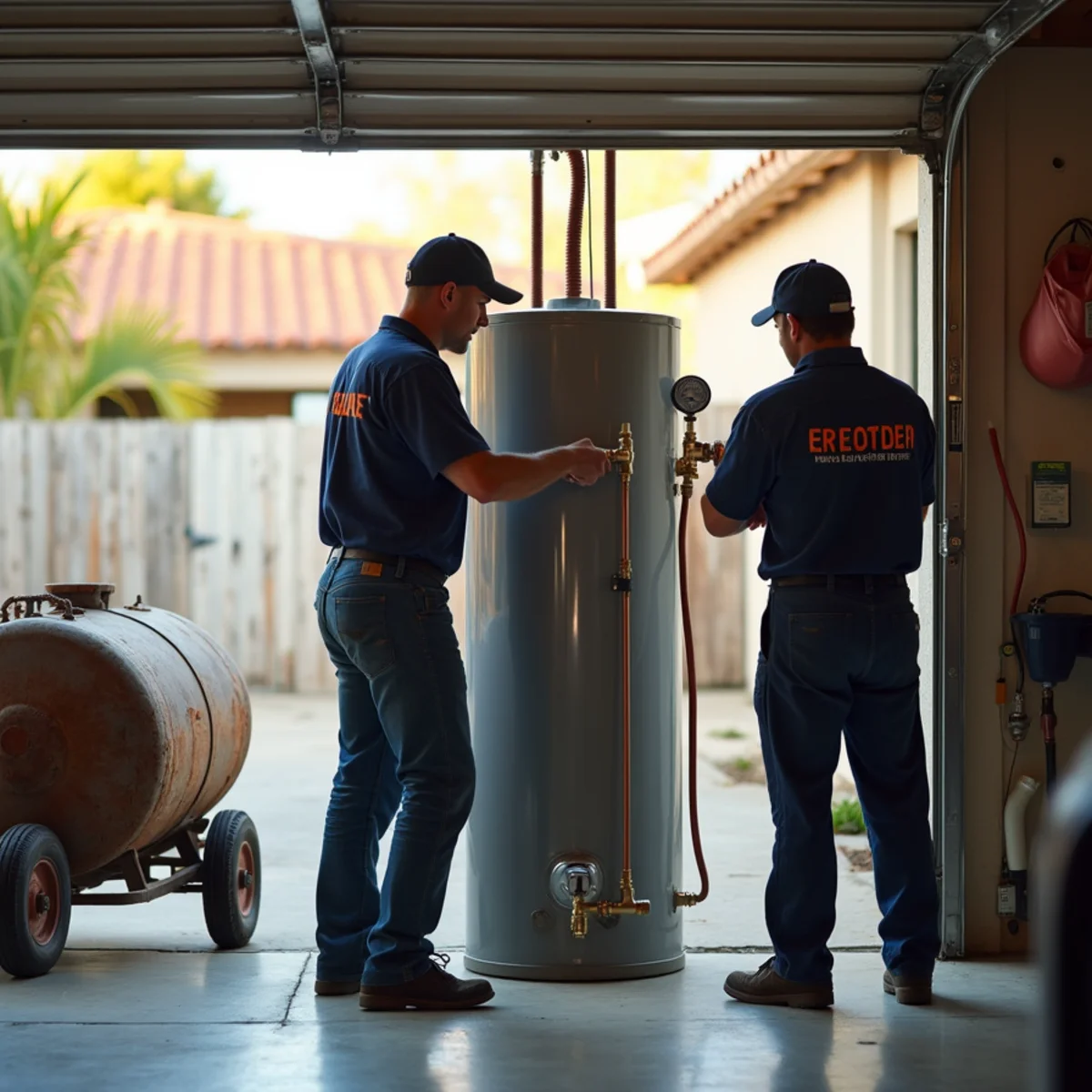 Same-day water heater replacement in a National City garage