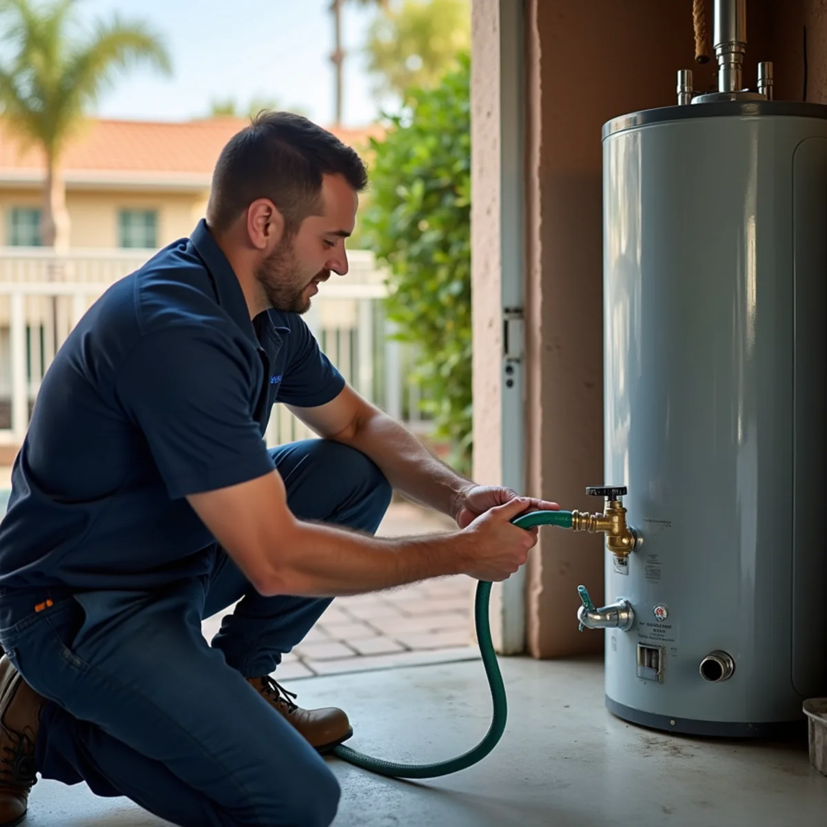 Homeowner attaching a garden hose to a water heater drain valve for annual flushing