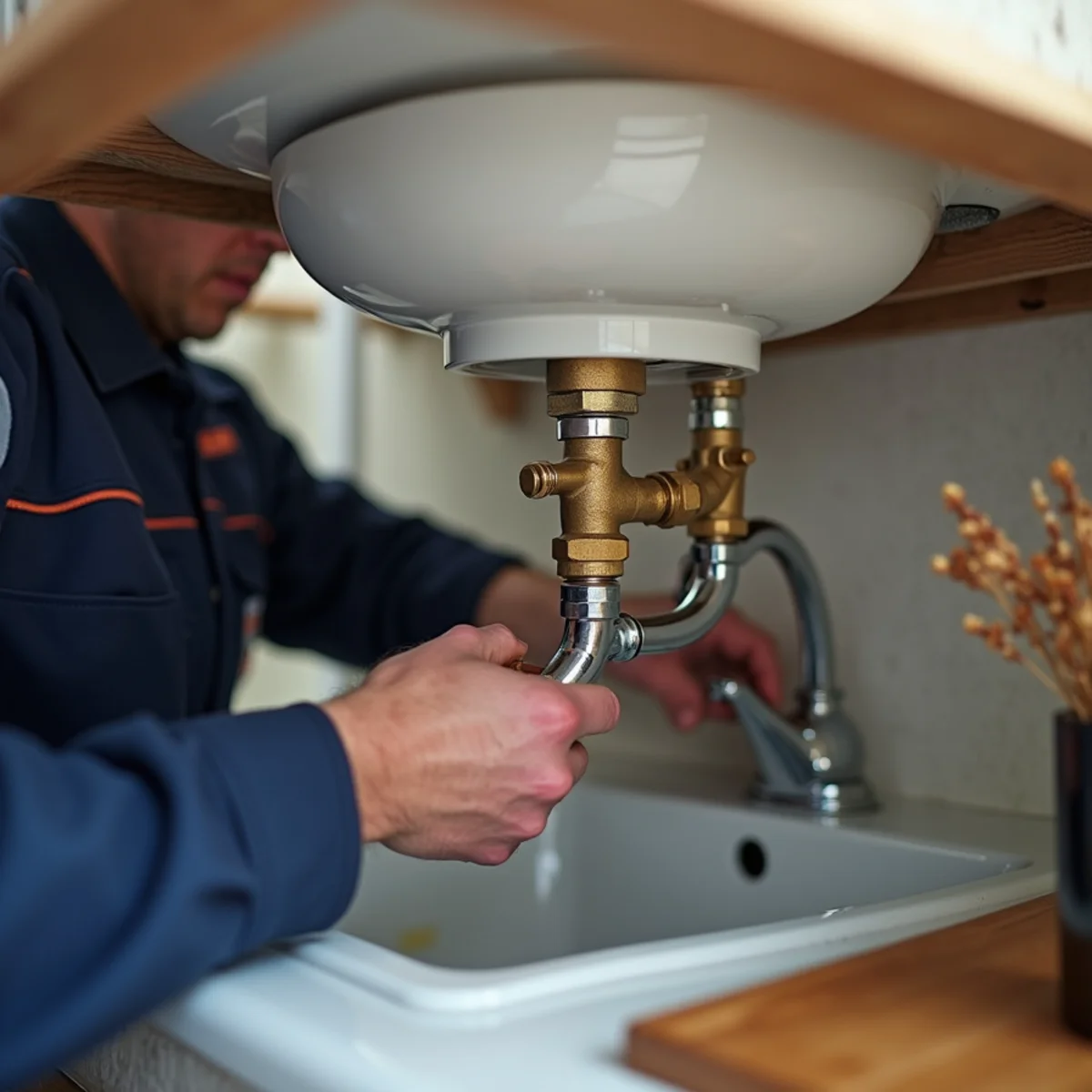 Under-sink view of angle stop shutoff valves being tested during plumbing maintenance
