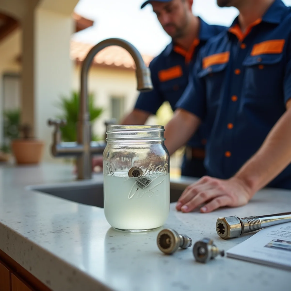 Faucet aerators soaking in a jar of white vinegar to remove hard water scale
