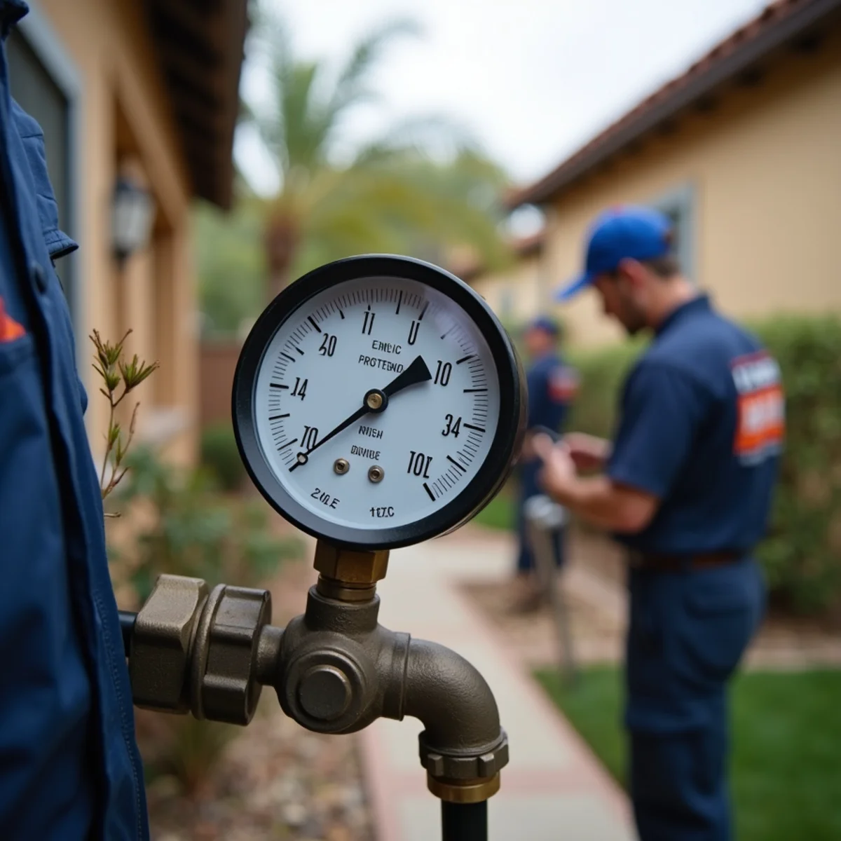 Water pressure gauge attached to an outdoor hose bib reading residential inbound pressure