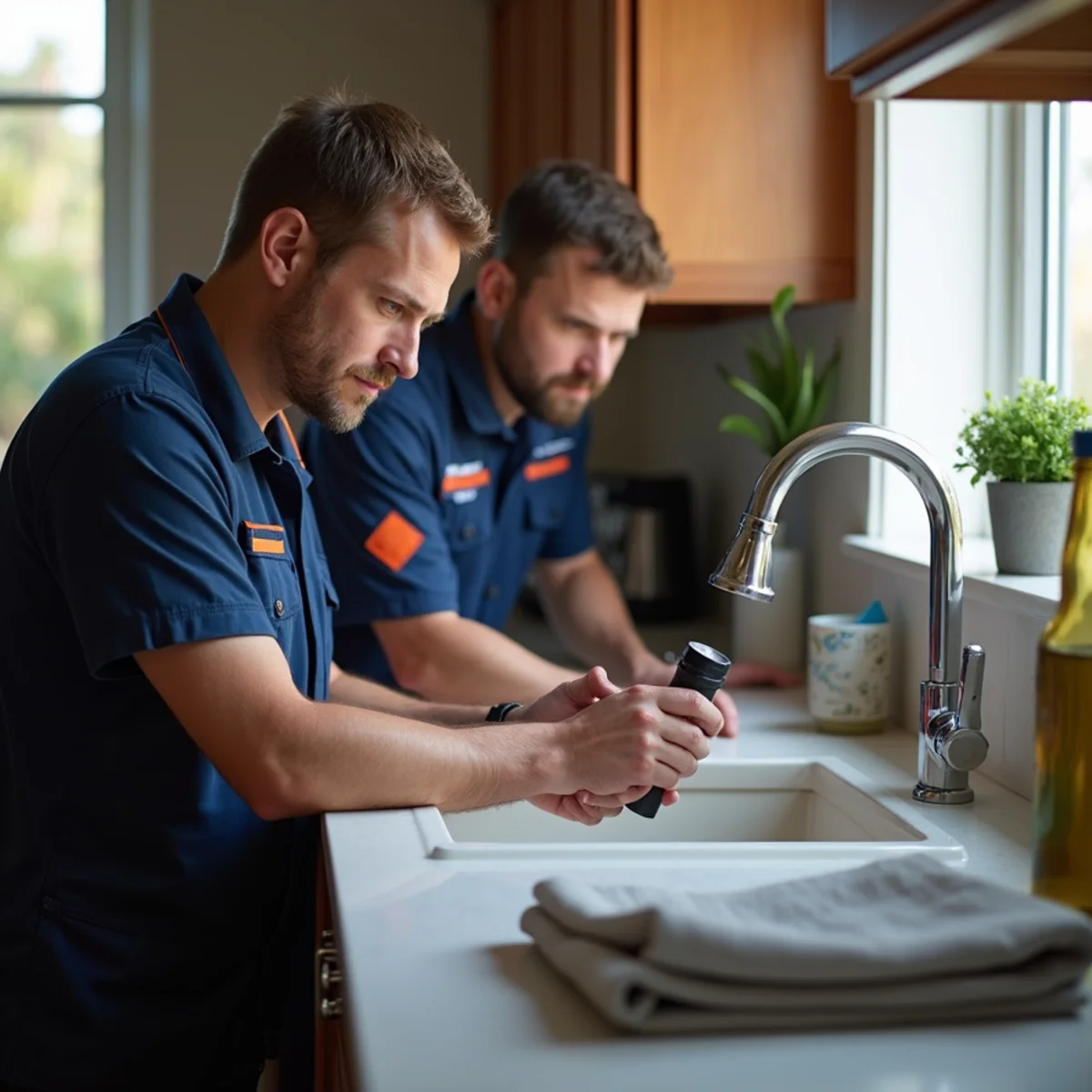 Flashlight inspection under a kitchen sink checking for water stains and slow leaks