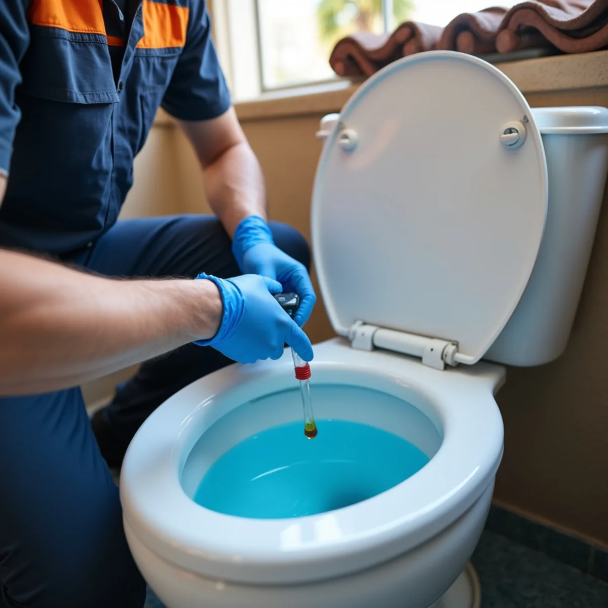 Blue food coloring dye added to a toilet tank to test for a leaking flapper