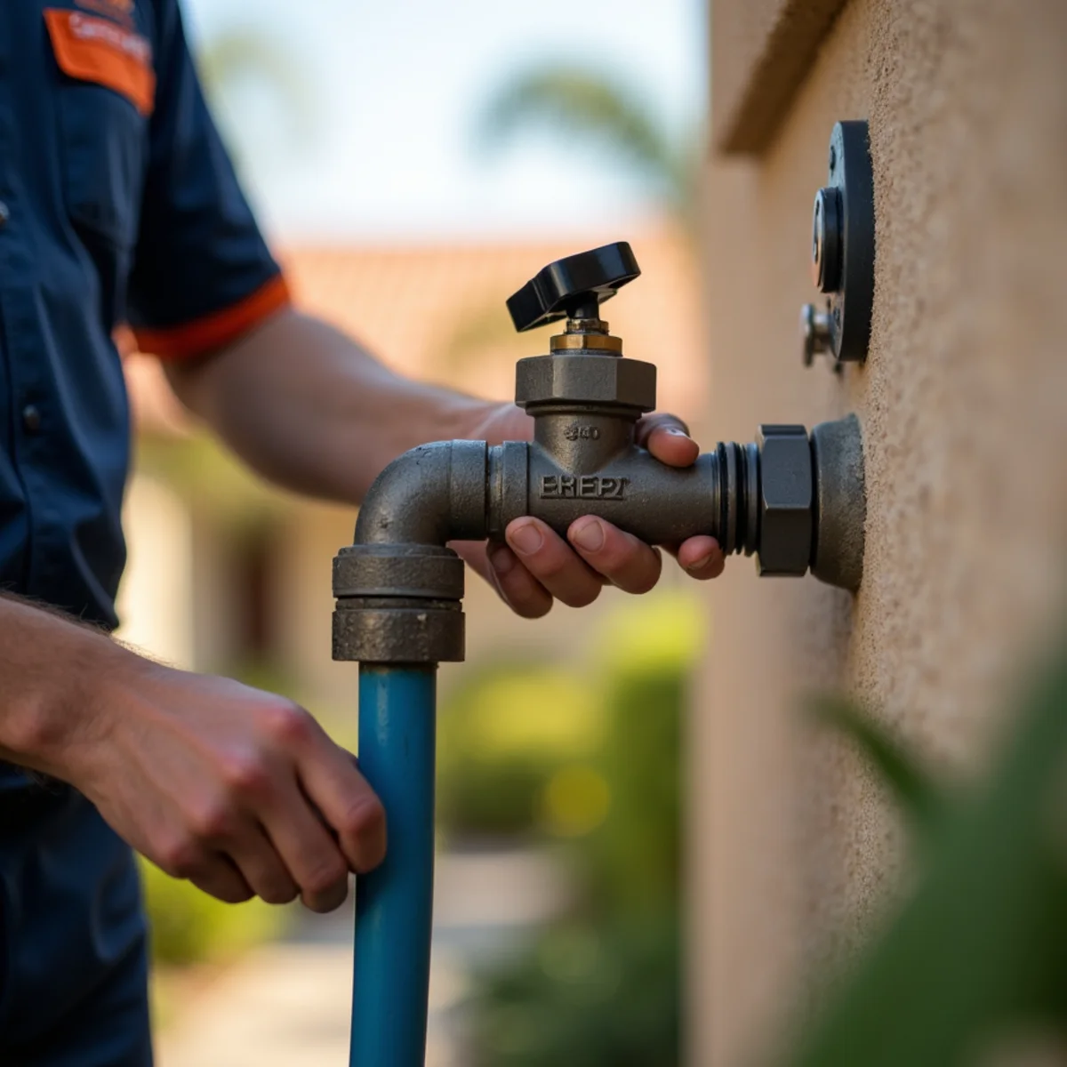 Exterior residential hose bib being inspected for drips and anti-siphon corrosion