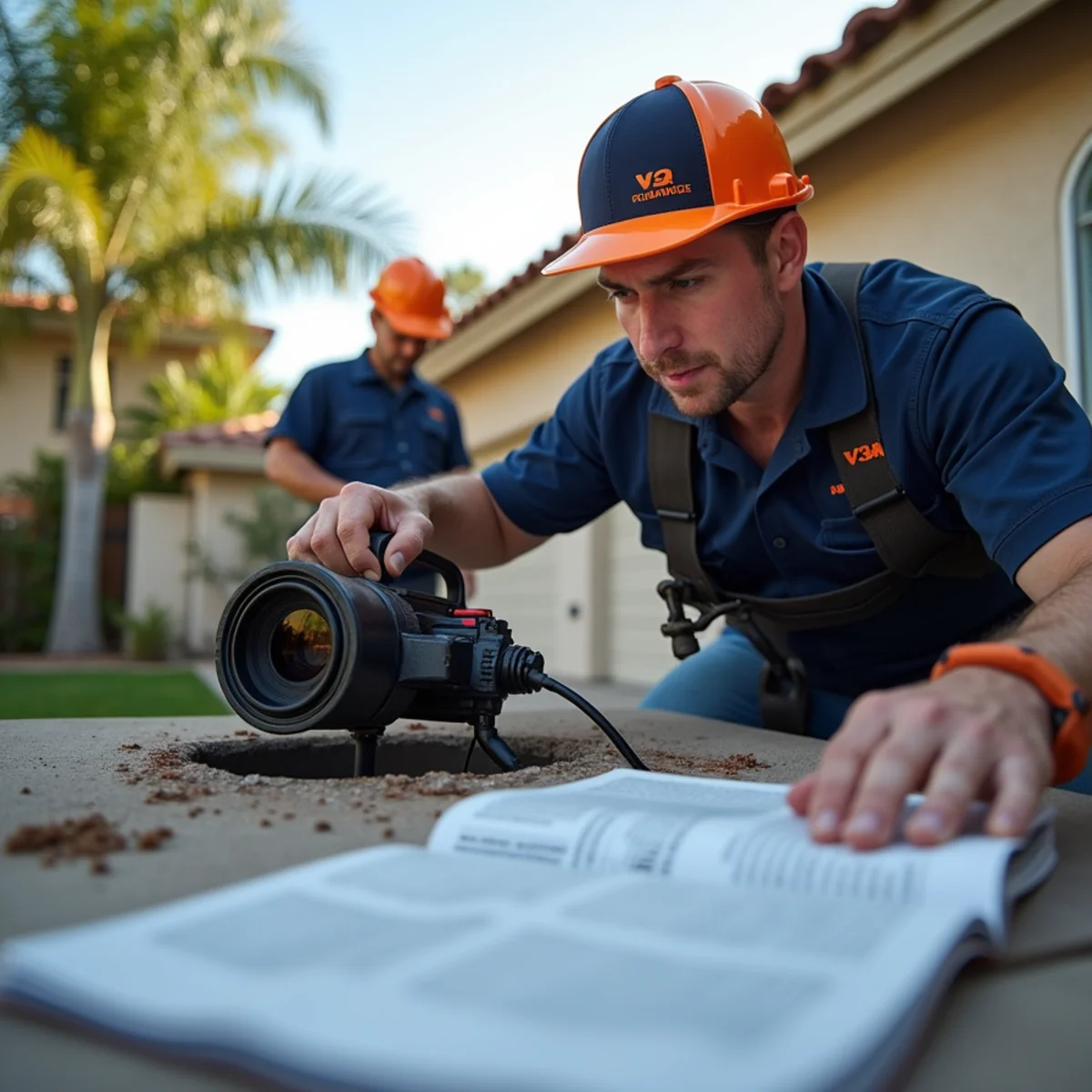 Plumber feeding a sewer camera into an exterior cleanout on a South Bay property