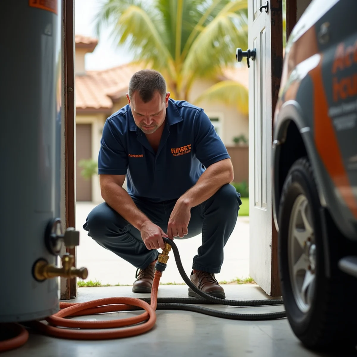 Homeowner flushing sediment from a water heater during annual maintenance