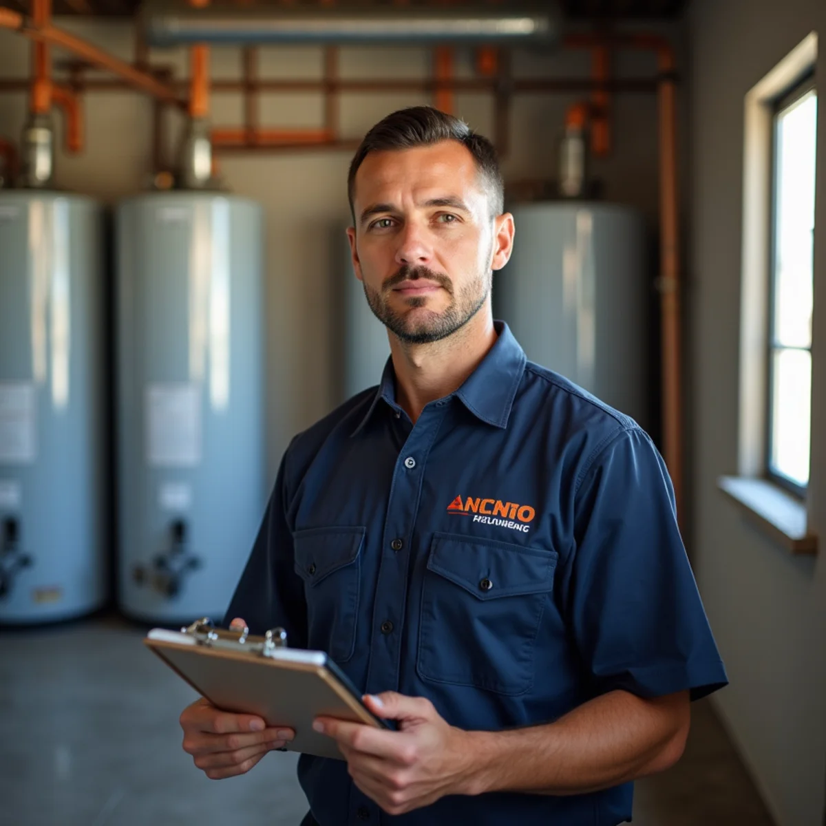 Plumber servicing an apartment complex water heater room in Chula Vista