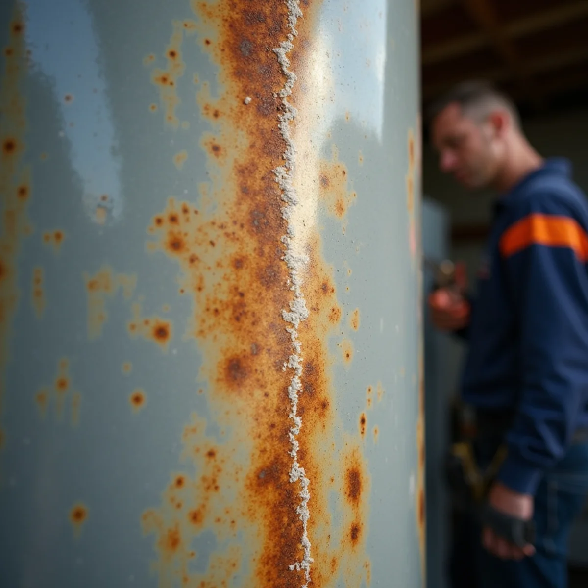 Rust streaks running down the side of an old residential water heater tank