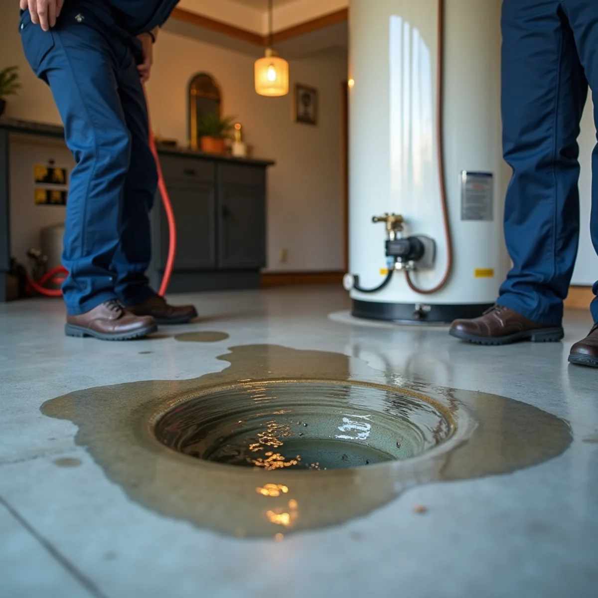 Puddle of water on a garage floor under a leaking residential water heater