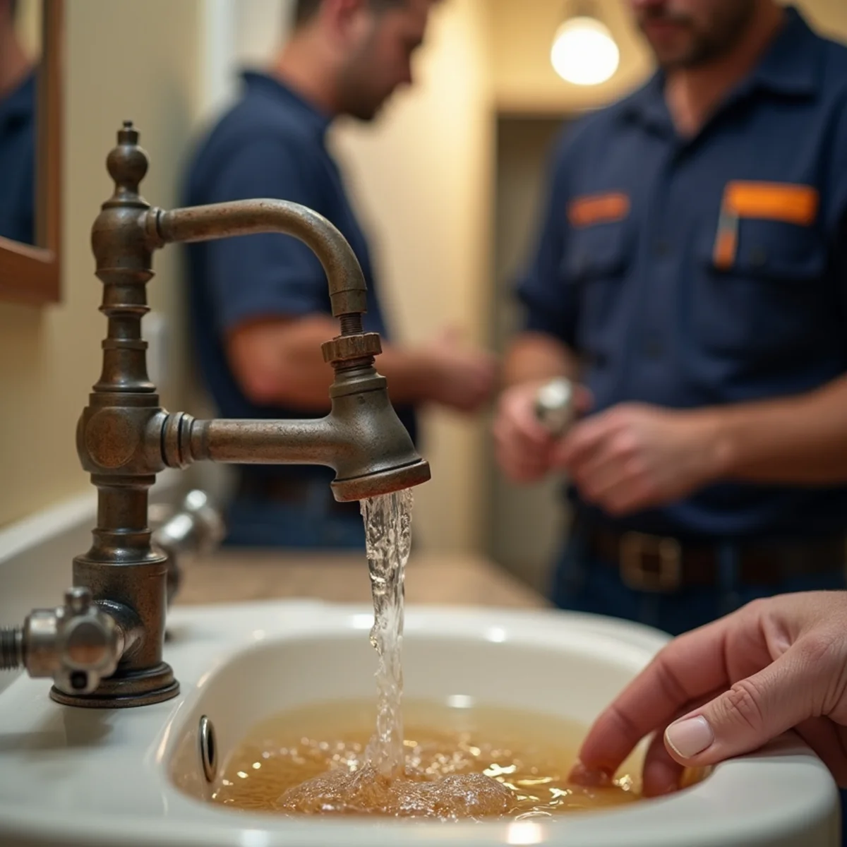 Discolored rust-tinted water running from a bathroom sink faucet in a National City home
