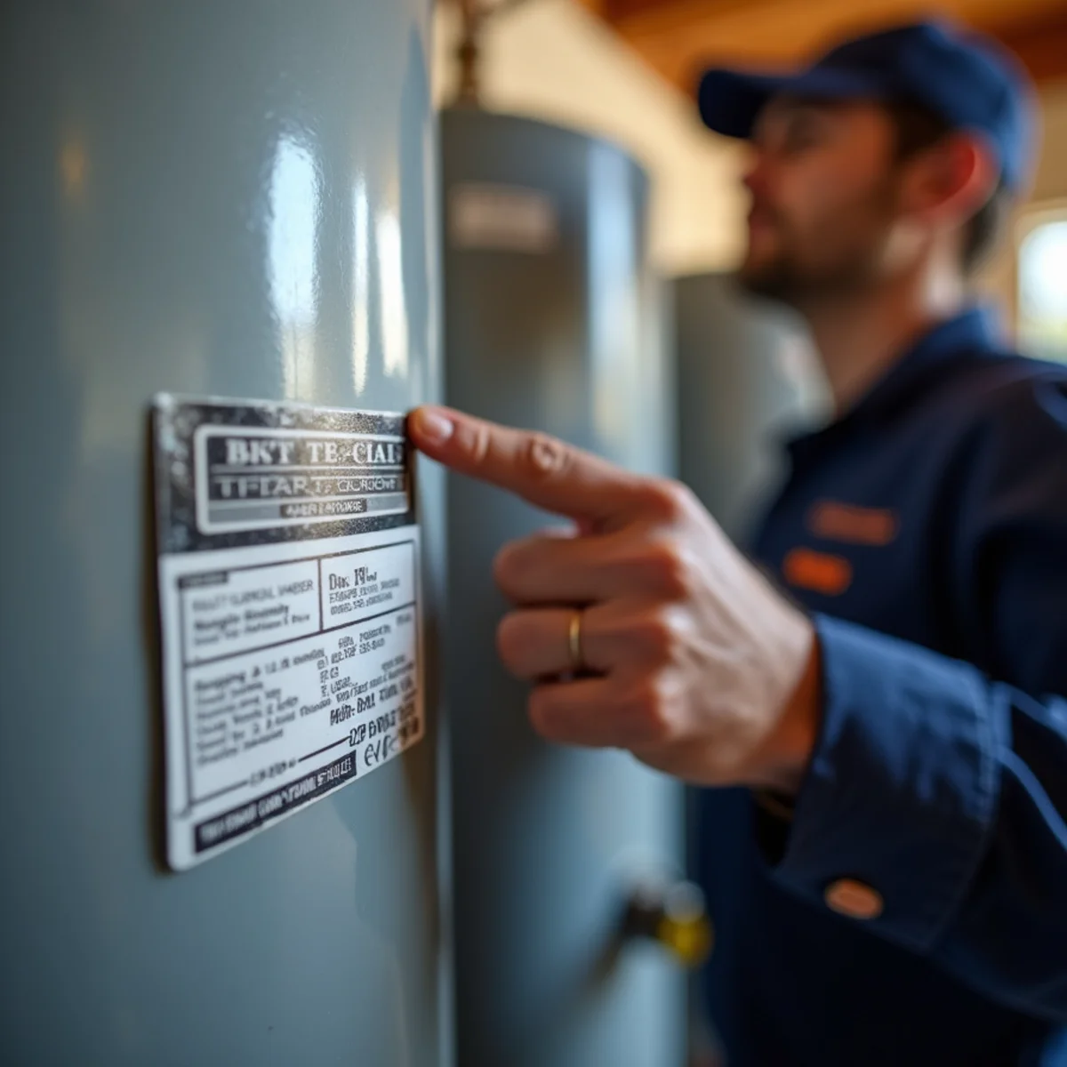 Close-up of a water heater manufacturer label showing the serial number and date code