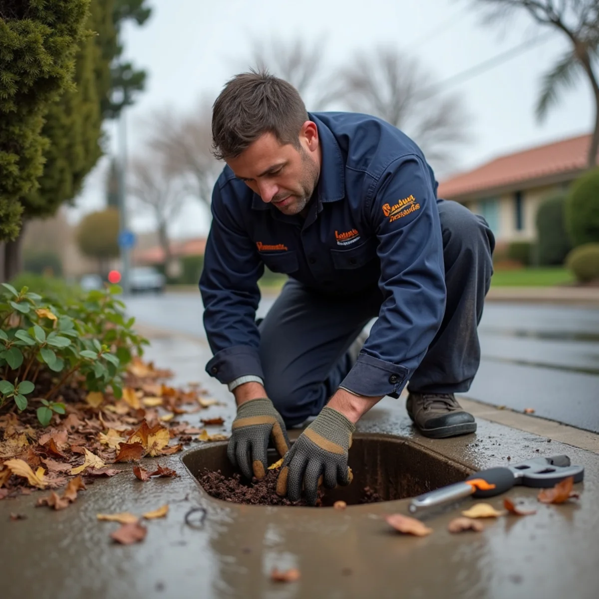 Plumber clearing a residential storm drain at a National City home before winter rain season
