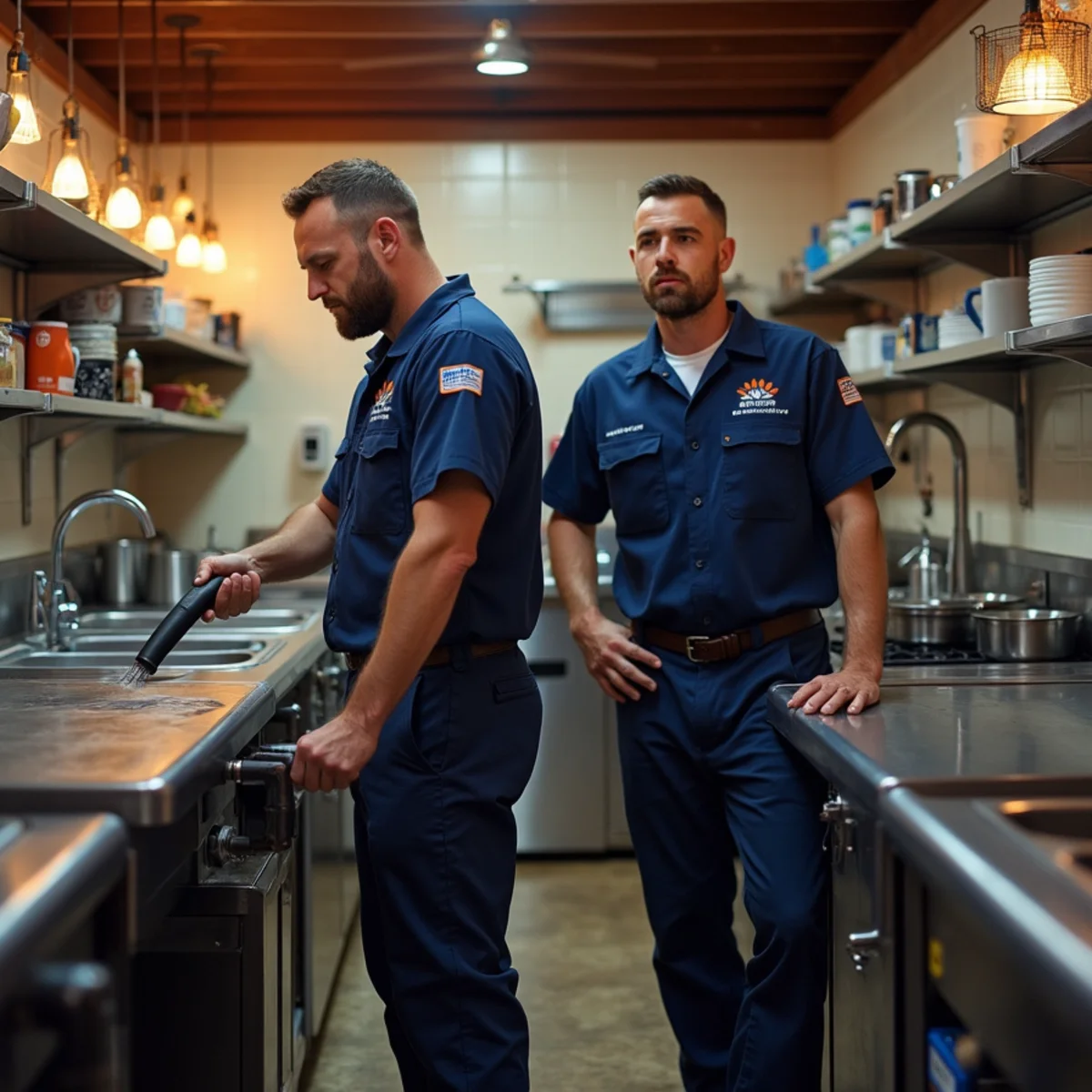 Commercial plumber servicing a restaurant kitchen drain line on Highland Ave