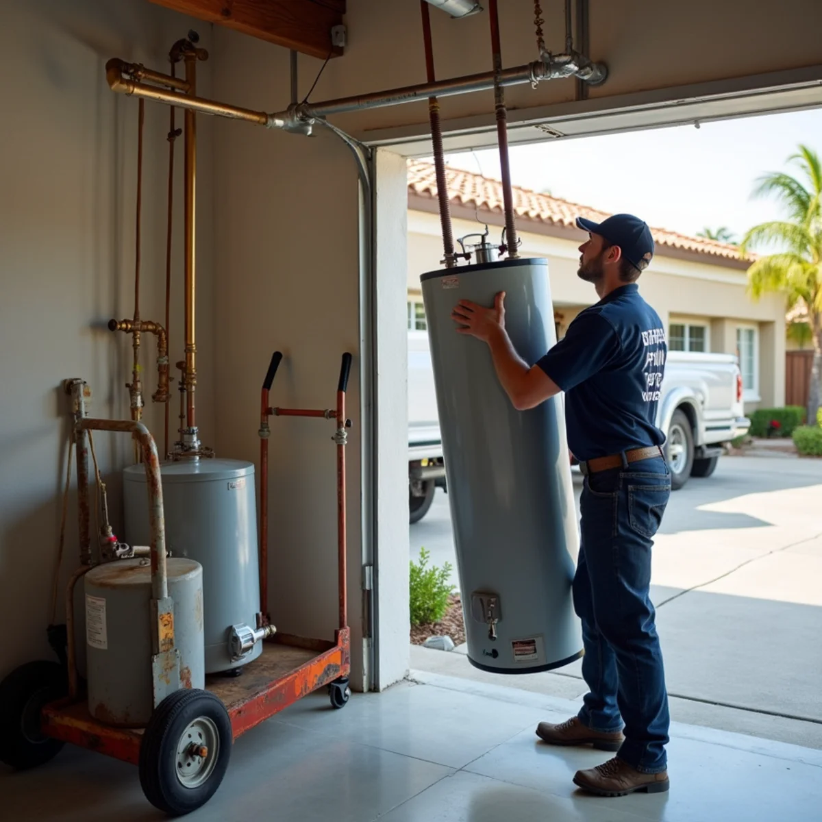Emergency same-day water heater replacement in a National City garage