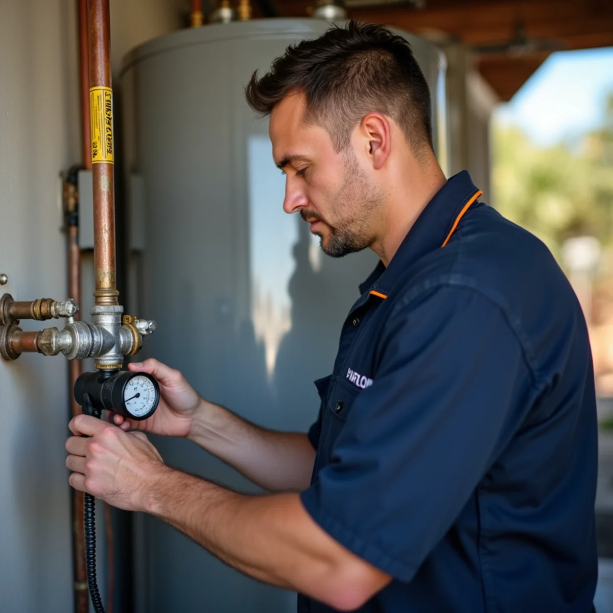 Licensed plumber pressure-testing a gas line in a National City home