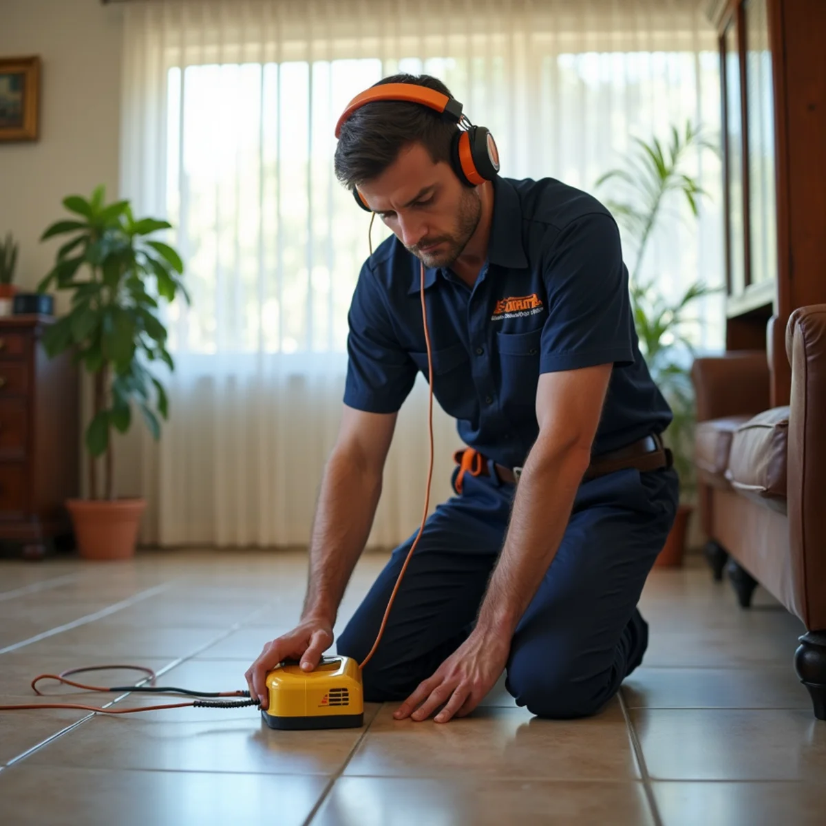 Technician using acoustic leak detection equipment on a National City slab floor