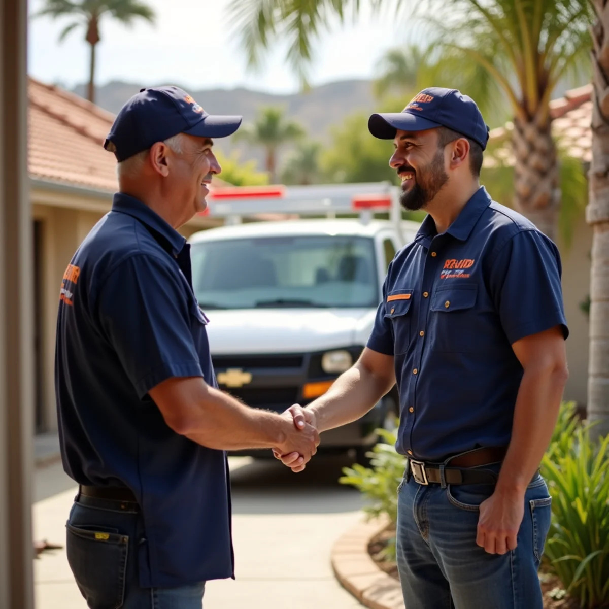 Happy South Bay Pro Plumbing customer shaking hands with plumber after a successful National City repipe