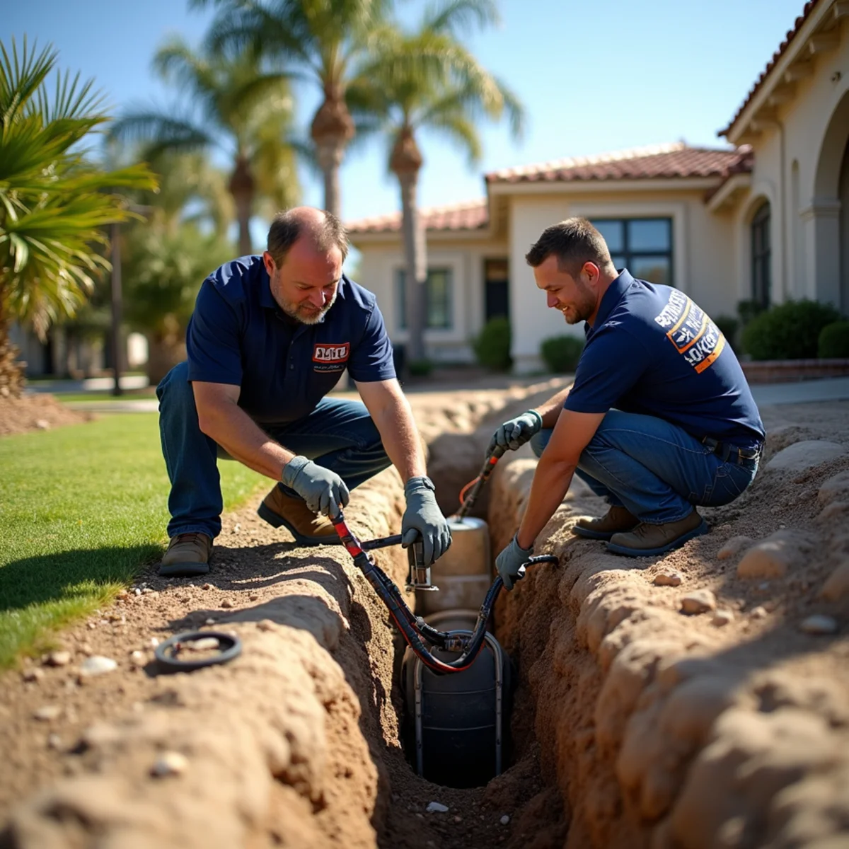 Trenchless sewer lining crew installing a CIPP liner on a National City property