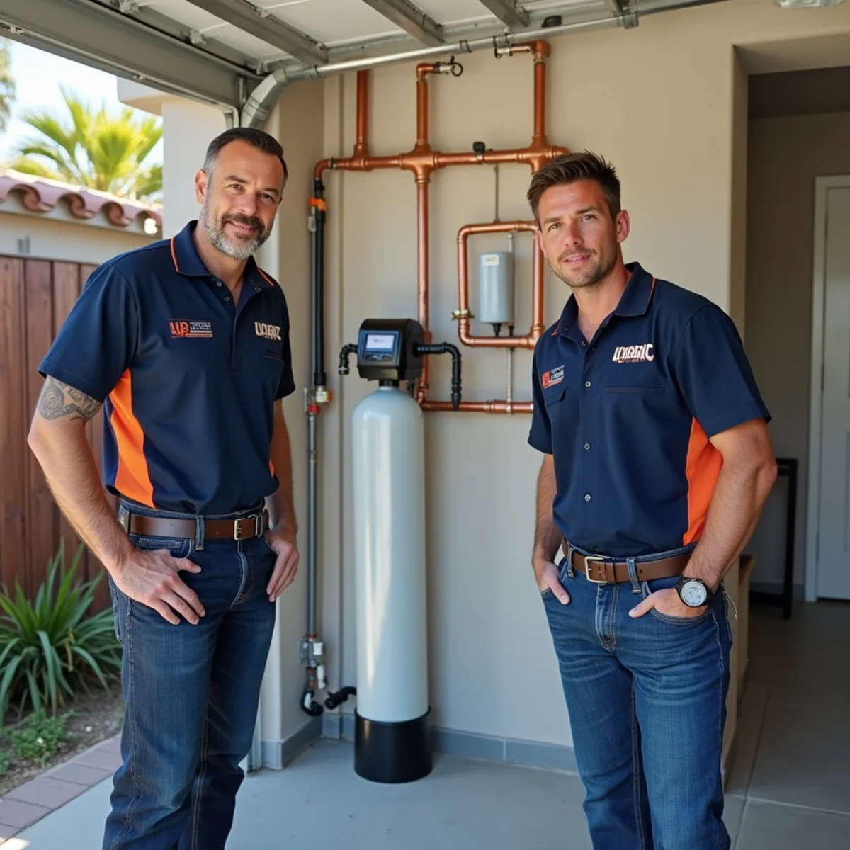 Whole-house water softener installed in a National City garage